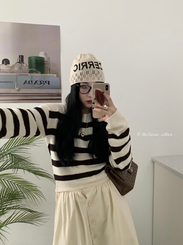 New in autumn!【DT CLASSIC】Korean Striped Versatile Backless Knit Sweater M5053# JHY