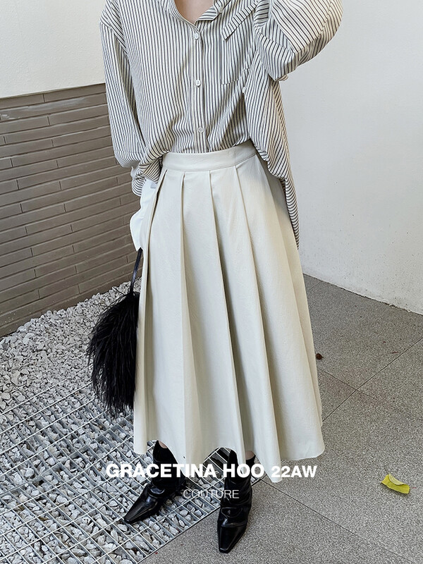 [GRACETINA HOO] Design sense PU high waist pleated skirt BQ2226