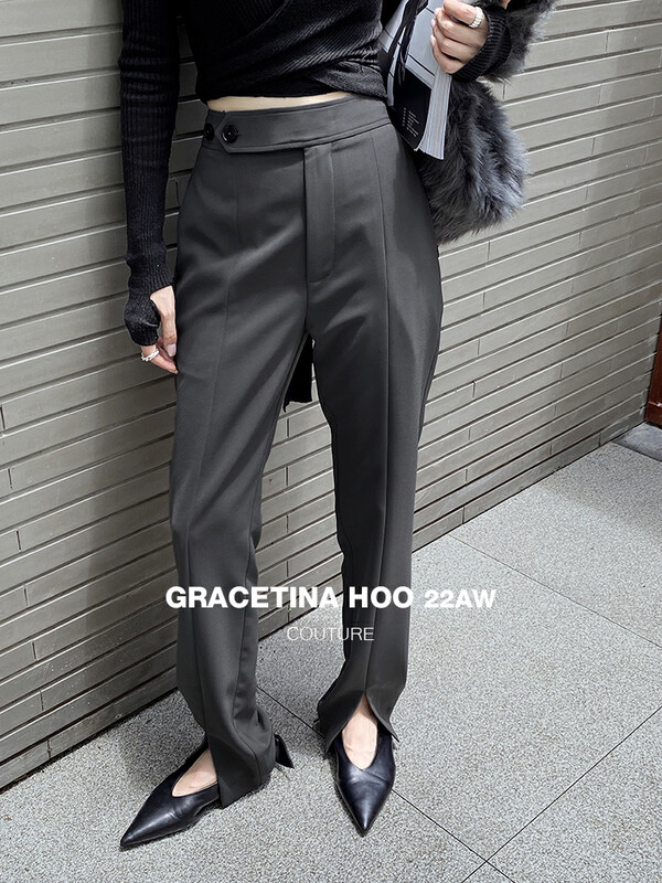 【GRACETINA HOO】Long-legged straight line slit cigarette pipe casual pants K9158# CQW