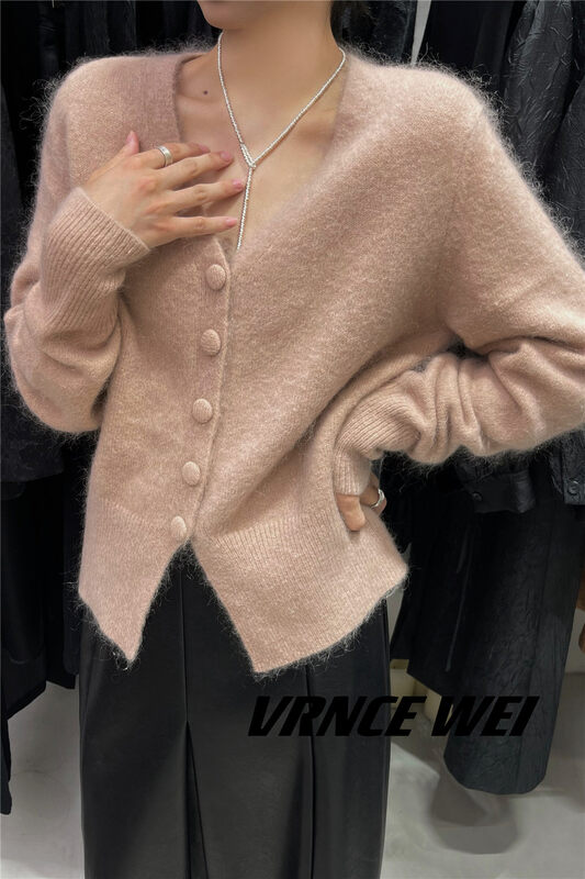 New in autumn! [VRNCE] Big-name simple V-neck loose single-breasted warm sweater 7352# XYJ