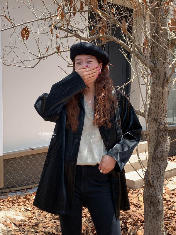 Autumn is new! [IN BY IN] Neat Loose Deer Antler Leather Mid-Length Coat (Only Jacket) 1082# ZJY
