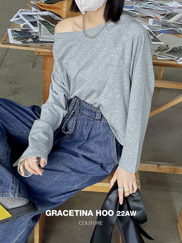 【GRACETINA HOO】French loose shoulder slanted sweater WY5037