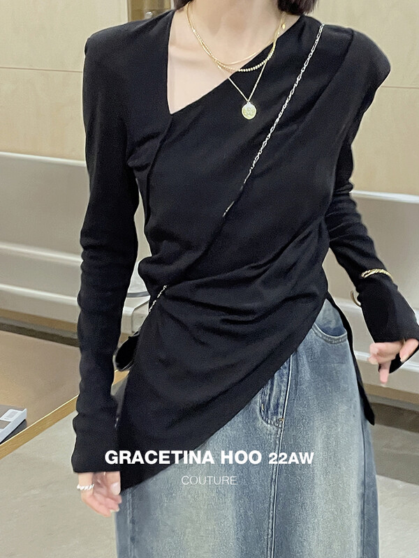 [GRACETINA HOO] Irregularly pleated long-sleeved T-shirt T6170