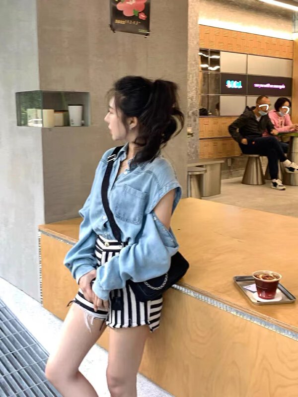 New in autumn! [GDN] solid color versatile off-the-shoulder pocket shirt A903# OZQ