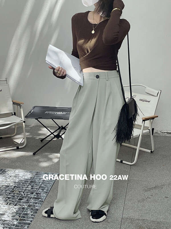 [GRACETINA HOO] niche micro-pleated high-waisted drapey mopping casual pants with irregular sloping crotch design K9239