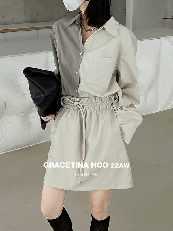 【GRACETINA HOO】Handmade custom elastic waist imitation lambskin skirt BQ2194