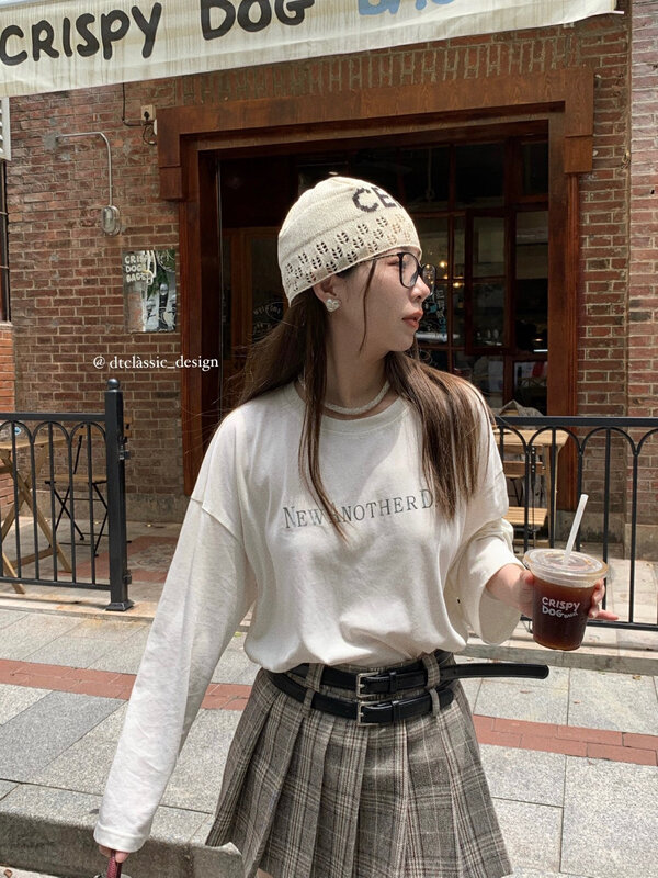 New in autumn! [DT CLASSIC] Korean version of the basic all-match hot silver letter loose long-sleeved T-shirt D5089-F3# JHY