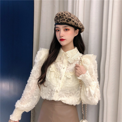 Real Price Doll Collar Lace Top Ruffled Hollow Long Sleeve Shirt