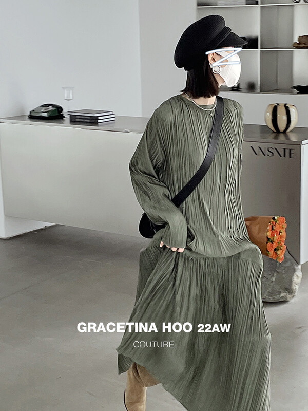 【GRACETINA HOO】Super skin-friendly design elastic waist folded dress LY6160