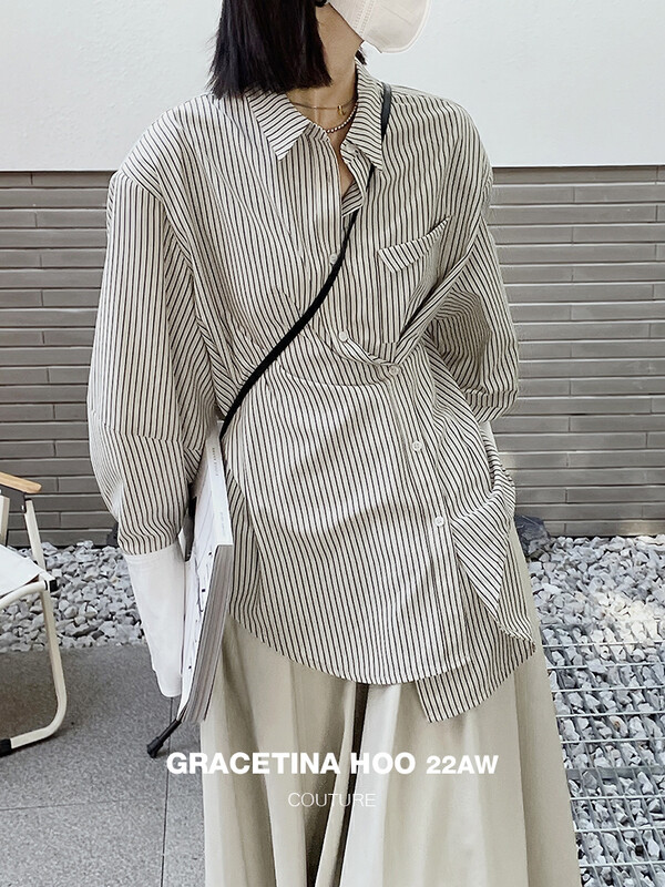 [GRACETINA HOO] niche color contrast stitching long-sleeved shirt CS5233