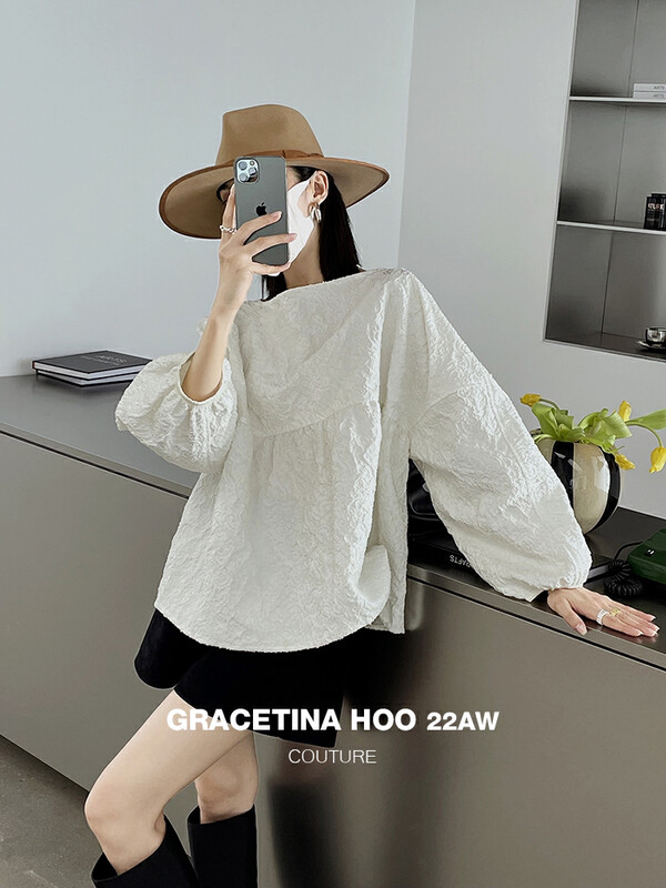 【GRACETINA HOO】Slotted neck jacquard shirt CS5215