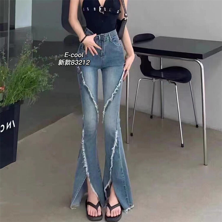 [Pants and jeans] Net red hot girl fashionable slit raw edge flared jeans 83212# HJY