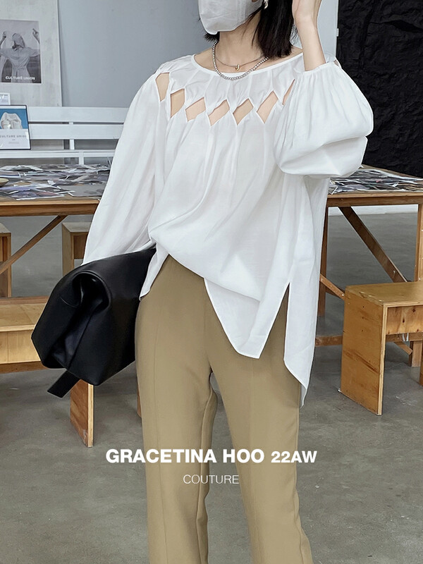 [GRACETINA HOO] Heavy industry niche design shoulder twisted hollow long-sleeved shirt CS6210