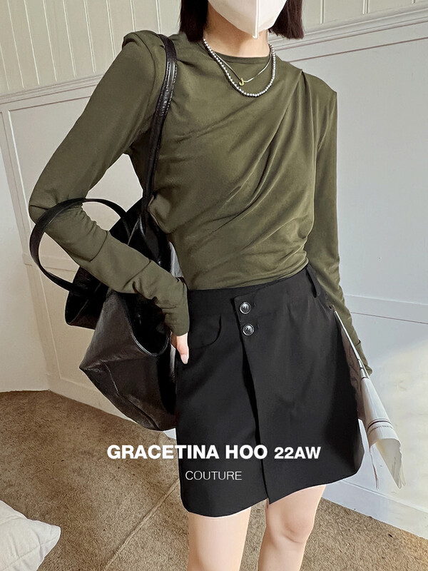 [GRACETINA HOO] Irregular hem round neck pleated bottoming sweater T6240# CQW