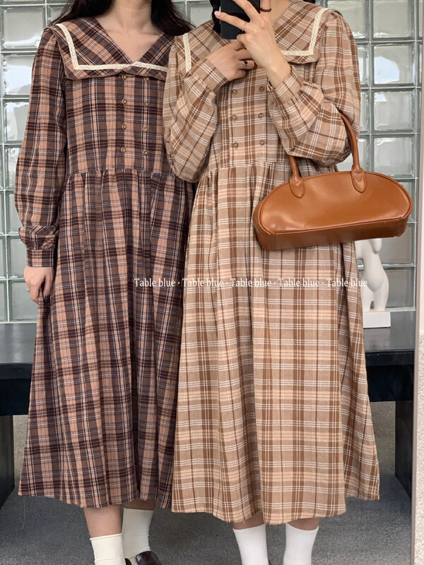 【TABLE BLUE】Korean version of retro plaid dress (with belt) 3041# LSW