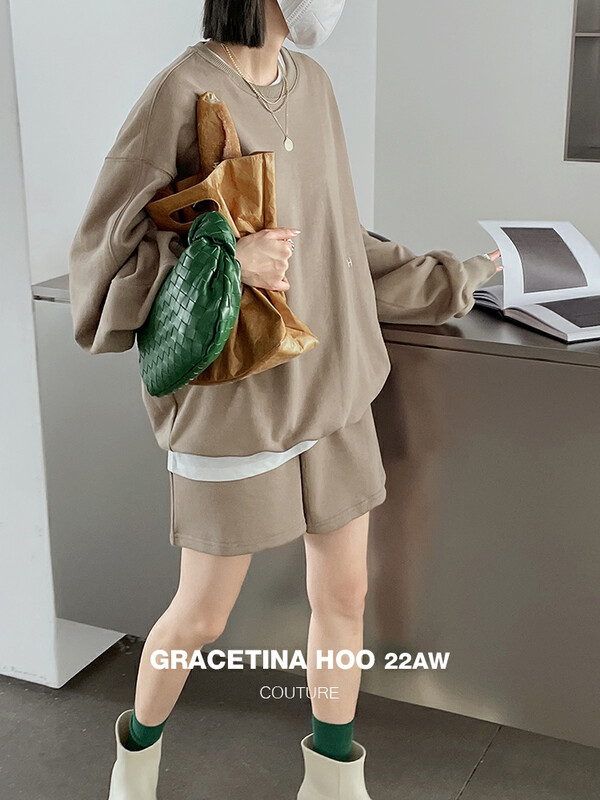 Original price 135.23! [GRACETINA HOO] Loose round neck embroidered sweater shorts suit TZ675
