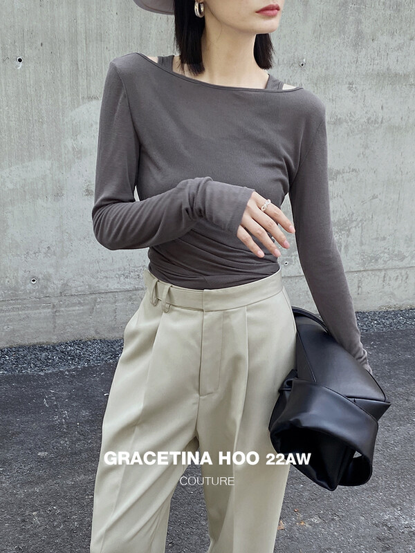 [GRACETINA HOO] Two-layer front and back double-layer design slightly transparent long-sleeved T-shirt T2210