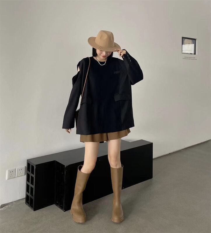 New in autumn! [HYSO] Off-the-shoulder stitching suit sleeve knitted sweater 70090# XJ