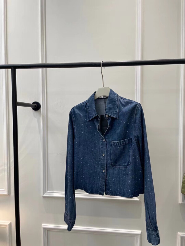 New in autumn! [GDN] Personality Polka Dot Heavy Industry Lapel Denim Short Shirt K082# HYY