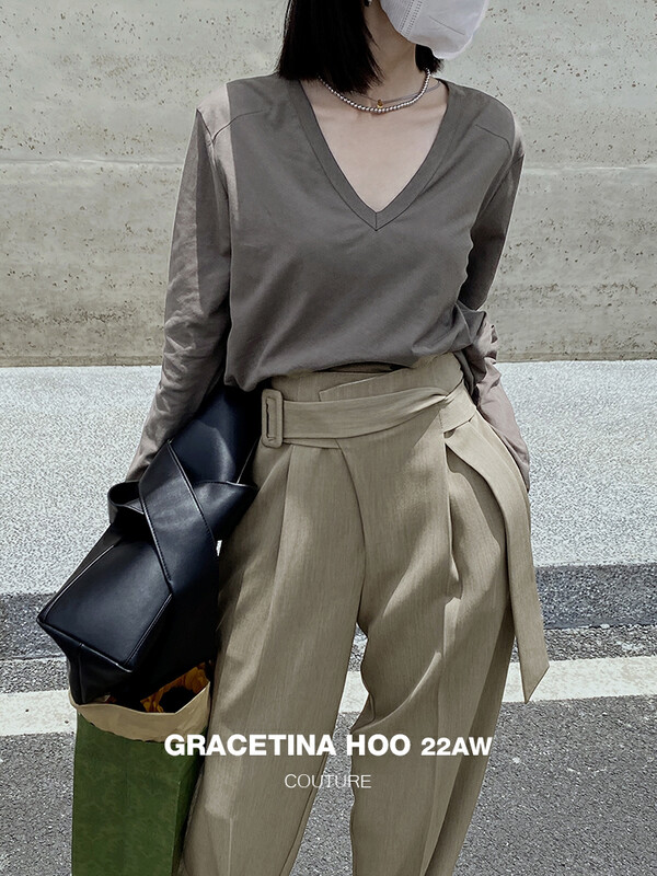 [GRACETINA HOO] Loose and casual all-match V-neck long-sleeved T-shirt T711-1