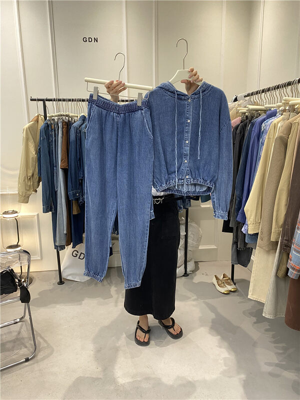 Autumn is new! [GDN] hooded single-breasted short jacket + elastic waist and leggings jeans suit A995# OZQ
