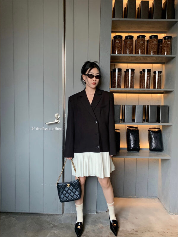 New in autumn!【DT CLASSIC】Korean casual all-match stitching pleated suit dress D5068-N2# JHY