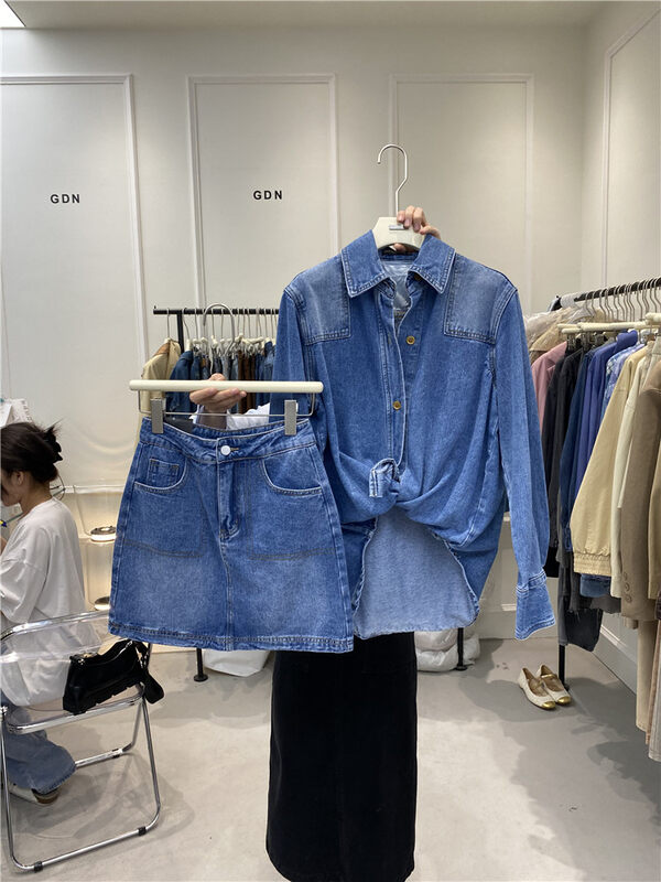 New in autumn! [GDN] denim shirt with straps + slim skirt suit 98058# OZQ