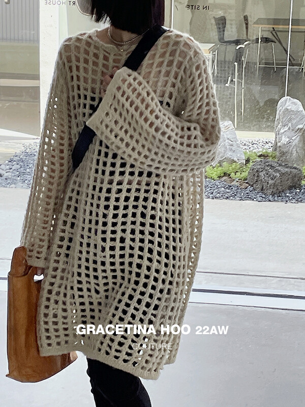 【GRACETINA HOO】Nice Design Hollow Crew Neck Sweater (High Proportion Long Hair Mohair) Z904# CQW