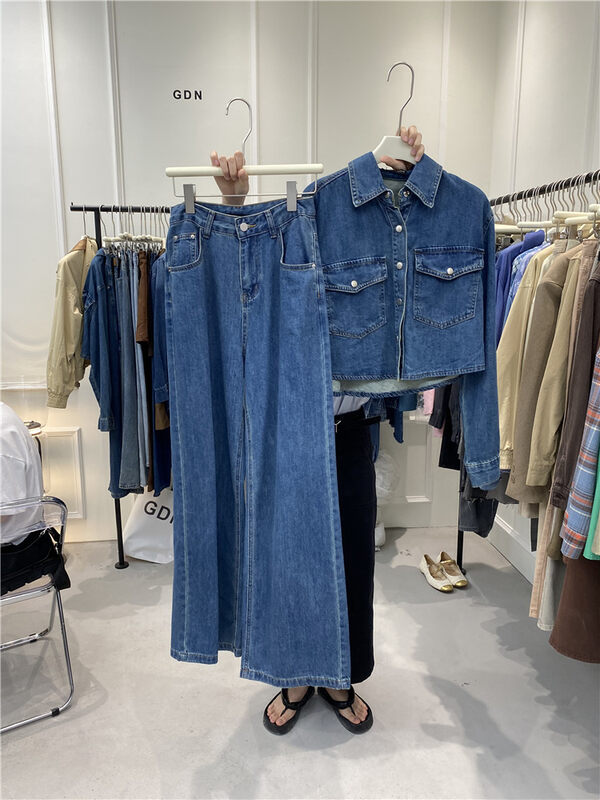 New in autumn! [GDN] Korean version of loose pocket short jacket + wide leg jeans suit 98076# OZQ