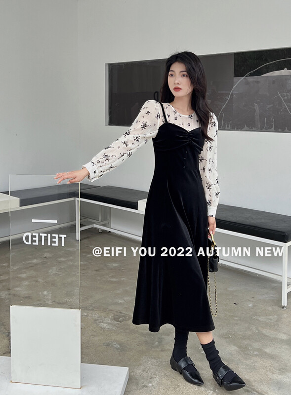 New in autumn!【EI FI YOU】Korean version of floral fake two-piece dress 3829# LSL