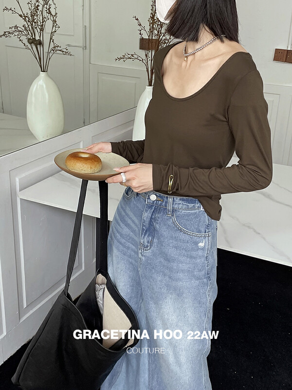 【GRACETINA HOO】Double knitted simple slim fit and slim U-neck bottoming long-sleeved T-shirt T969# CQW