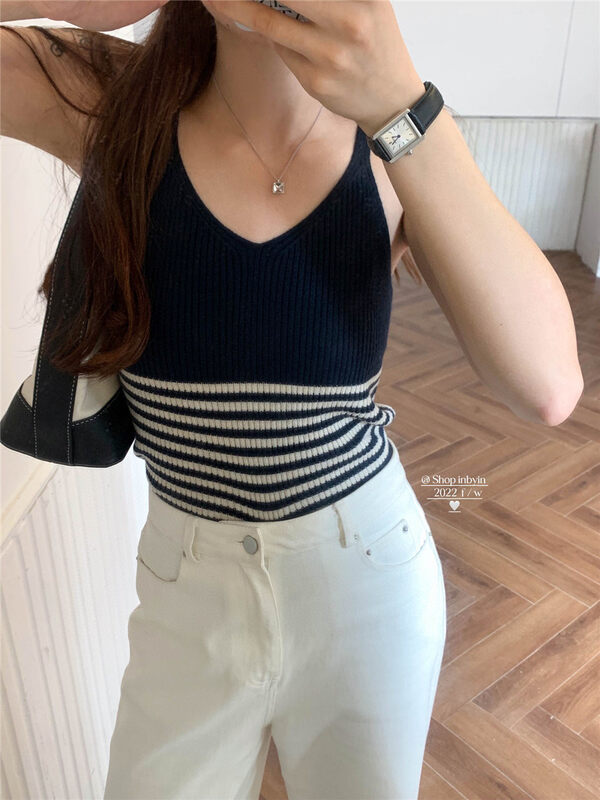 Autumn is new! [IN BY IN] V-neck striped knitted vest/sling (only vest) 1195# ZJY