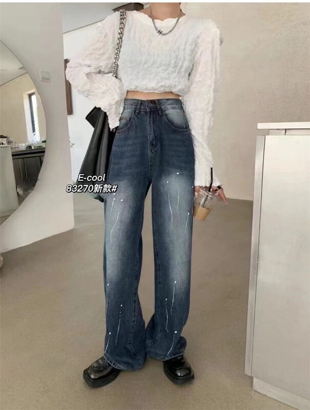 New in autumn! [Clothes and denim] Fashionable graffiti straight jeans 83270# HJY