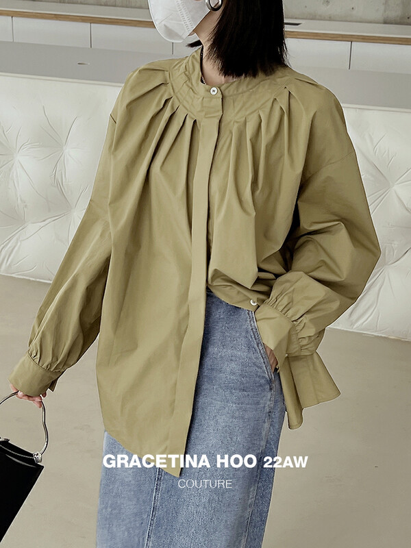 Original price 91.99! [GRACETINA HOO] round neck pleated retro puff sleeve shirt CS6181