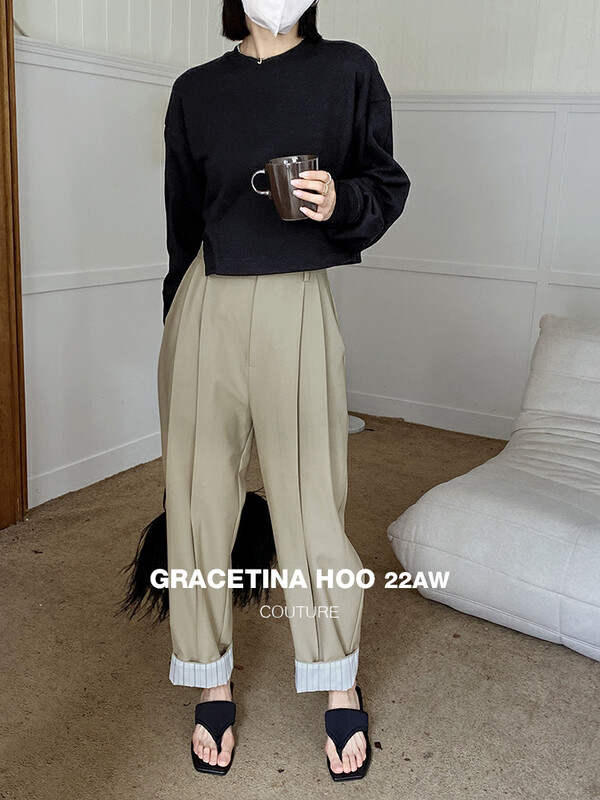 【GRACETINA HOO】Nice striped stitching can be worn on both sides of the casual pants (lazy loose radish suit pants) K8295# CQW