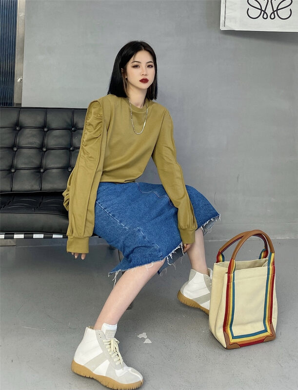 New in early autumn! [HYSO] round neck solid color puff sleeve long sleeve T-shirt 8998# XJ