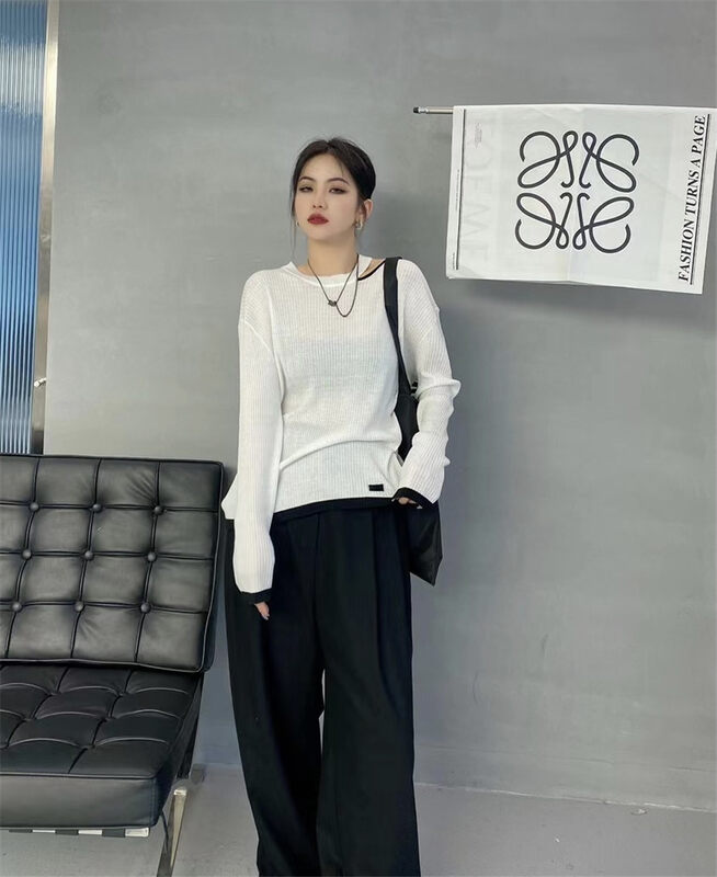 New in autumn! [HYSO] Off-the-shoulder color-blocking long-sleeved sweater 1577# XJ