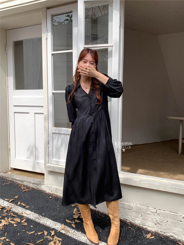 Autumn is new! [IN BY IN] pure black shirt buttoned all-match dress 1193# ZJY