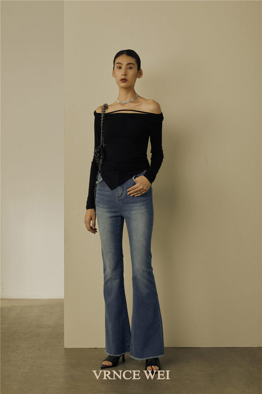 New in autumn! [VRNCE] Big-name simple high-waisted micro-flare raw edge jeans 8537# XYJ