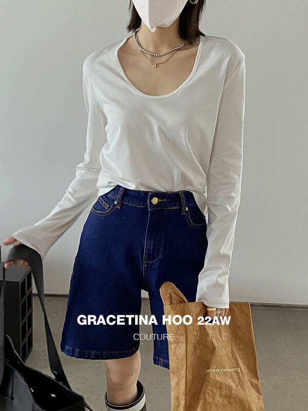 Original price 43.99! [GRACETINA HOO] Niche simple solid color loose U-neck long-sleeved T-shirt T943
