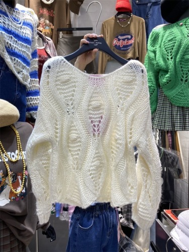 South Korea's Dongdaemun new Korean version of sexy one-shoulder hollow crocheted mid-length long-sleeved pullover knitted sweater