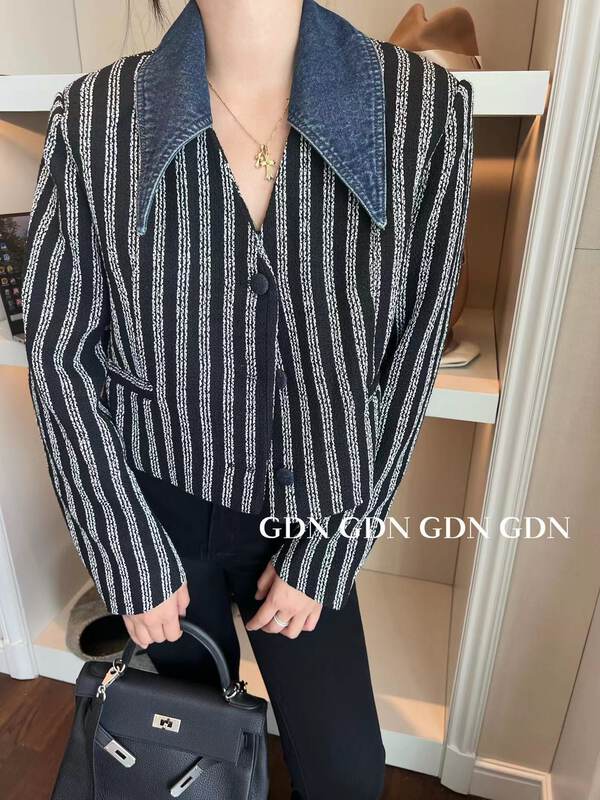 New in autumn! [GDN] denim collar vertical stripes fashionable short coat K002# OZQ