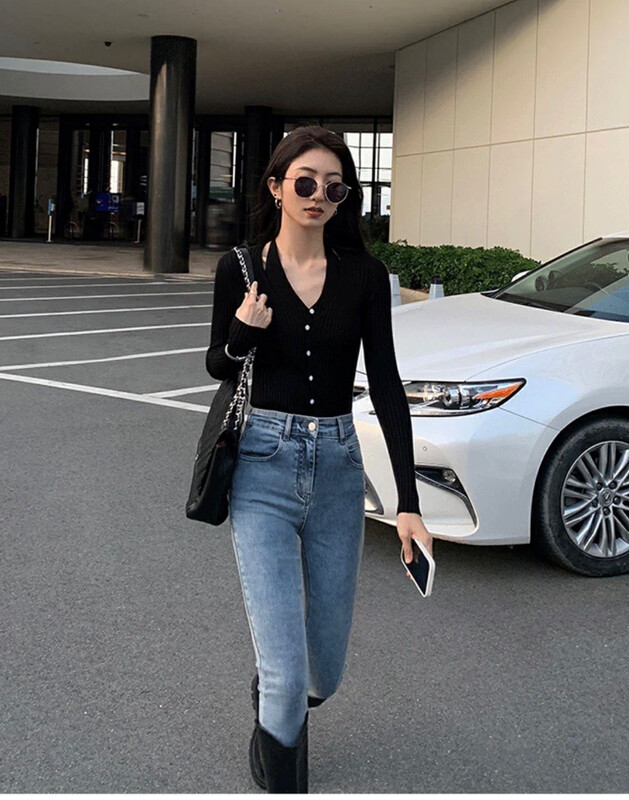 New in autumn! [BAOBAO (FAN FAN)] solid color fake two-piece slim-fit hollow knitted sweater 0718# OZQ
