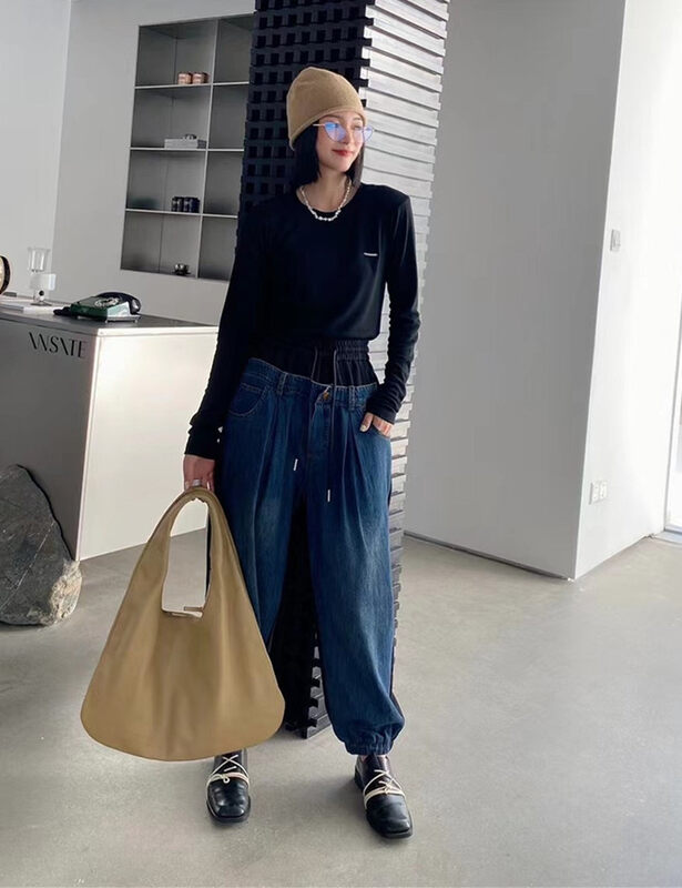 New in autumn! [HYSO] stitching denim strappy leggings casual pants 5201# XJ