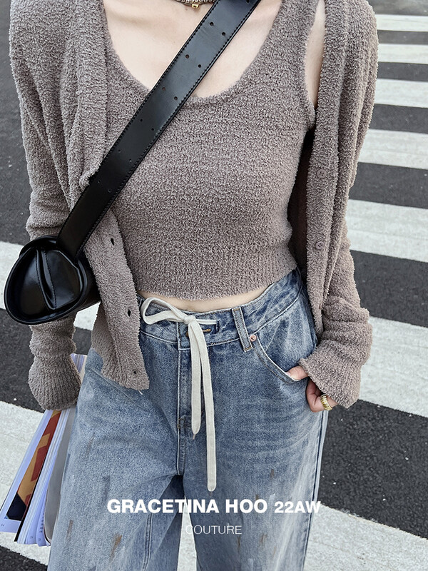 [GRACETINA HOO] Design U-shaped suspender knitted cardigan vest cardigan suit Z880