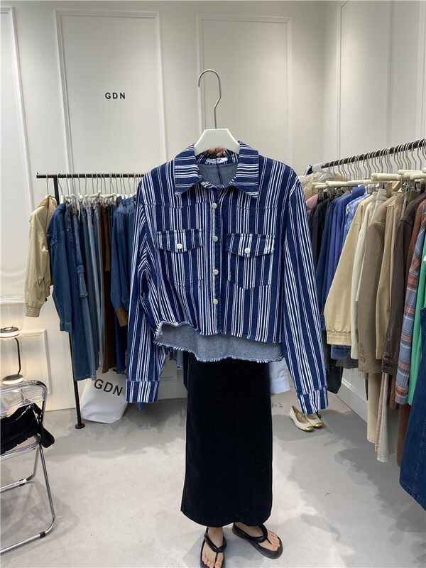 New in autumn! [GDN] Korean casual striped pocket shirt K018# OZQ