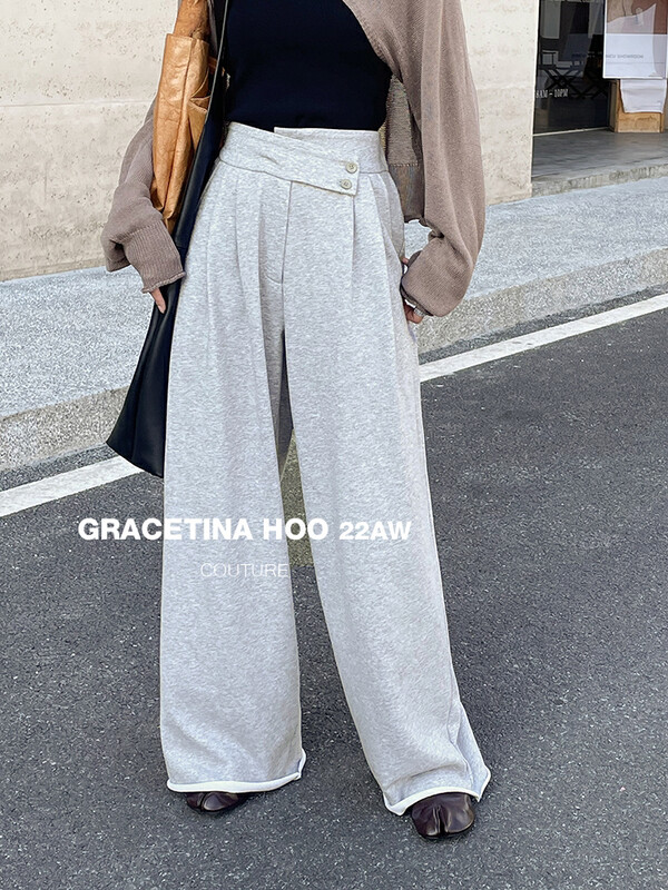 [GRACETINA HOO] slanted placket wide waist casual knitted casual pants K9237