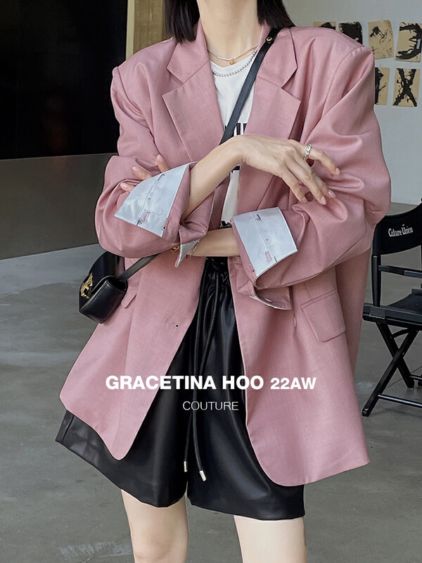 [GRACETINA HOO] Cuff design with a sense of silhouette shoulder pad design suit WT572# CQW