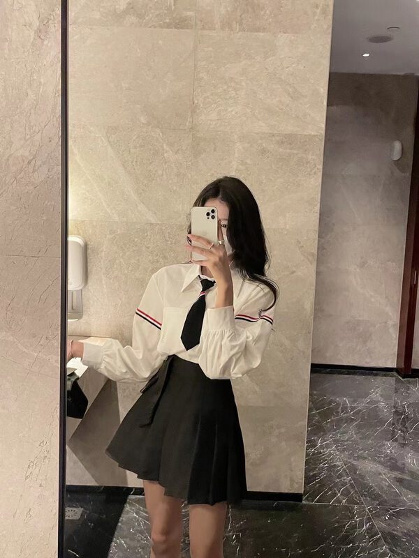 New in early autumn! [BINGBING] Pleated slim skirt + striped design shirt suit (with tie) 8588# XYJ