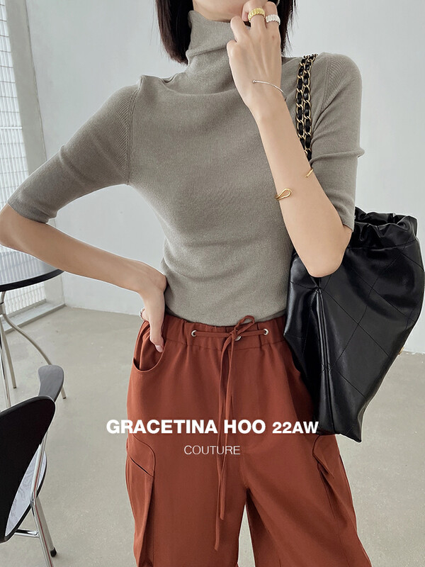 [GRACETINA HOO] Simple seamless one high-neck half-sleeve knitted sweater Z898